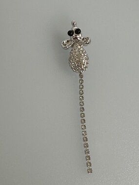 Vintage Silver Crystal mouse Drop Brooch with Onix Eyes